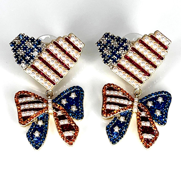 BaubleBar Patriotic EARRINGS Dangle Drop Red White Blue Bows Hearts Pearl USA - Picture 2 of 8
